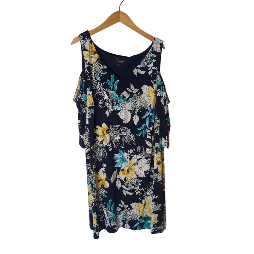 Connected Apparel Navy Floral‎ Midi Cold Shoulder Dress Womens 20W Resortwear